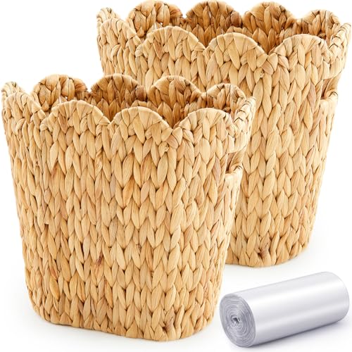 Image of Ziliny 2 Pcs Wicker Trash Can with 50 Small Trash Bag Wicker Waste Woven Basket with Handles Clear Multi Use Garbage Bags for Bathroom Kitchen Bedroom(Scalloped Brim,Nature)