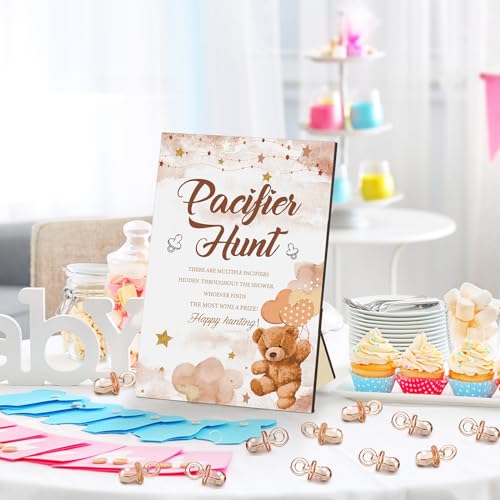 Image of Thyle 51 Pcs Brown Bear Pacifier Hunt Baby Shower Games Bear Themed Baby Shower Game Decoration Include Hunt Sign and 50 Acrylic Pacifiers Gift Sets for Gender Reveal Newborn Announcement Party Decor