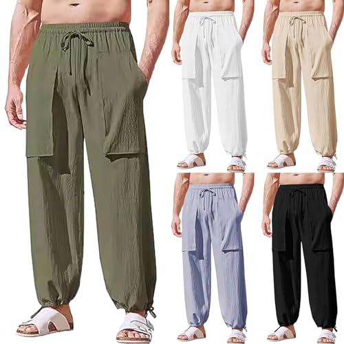 Pantalones de yoga para hombre, holgados, pantalones de lino para hombre, pantalones casuales de algodón, pantalones de verano para la playa, transpirables, con cordones, pantalones ligeros para el