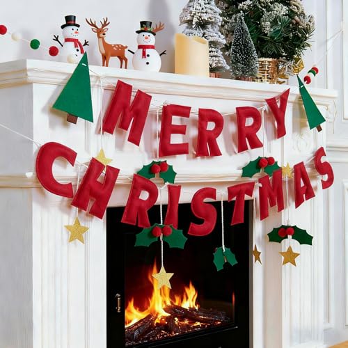 OBBOLO 3D Felt Merry Christmas Banners, 2 PCS Plush Letter Banners with Christmas Mini Star and Red Berry Ornaments, Soft Touch Holiday Mantel Décor for Holiday Home, Fireplace, Party Decorations