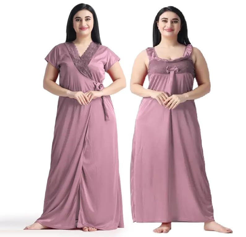 Women Satin Nighty with Robe Set – 2 Piece Long Night Dress with Lace Detail & Matching Wrap Robe Soft Silk Feel Sleepwear Lounge Nightwear for Women-image-9