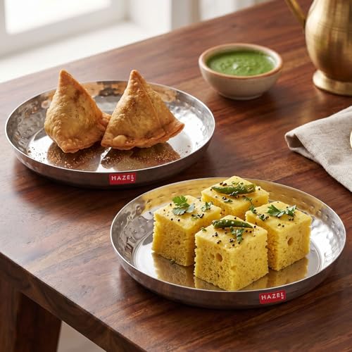 Image of HAZEL Stainless Steel Nashta Plate 15.5 cm, Set of 2 | Hammered Finish Wall Round Steel Thali Snacks Plate for Daily Use Home, Office & Restaurant