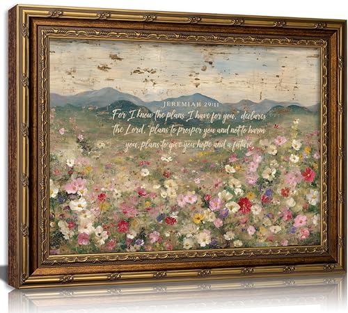 Vintage Gold Framed Christian Floral Scripture Wall Art Retro Bible Verse Wildflower Landscape Canvas Painting Picture Wall Decor Jeremiah Religious Faith Poster Print Artwork for Living Room