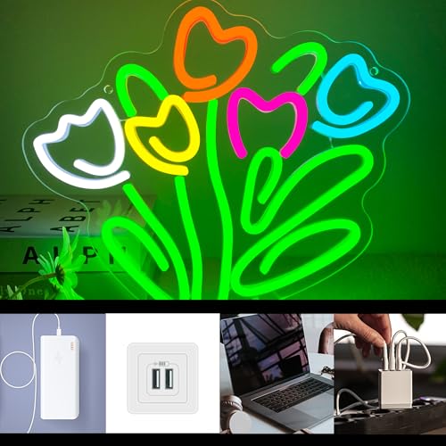Image of Dracey Tulip LED Neon Sign, Dimmable LED Tulip Flower Neon Light Signs, Florist Bunch Store Shop Bedroom Club Wall Decor, Gift for Mother's or Valentine's Day(13 * 11.4 in)