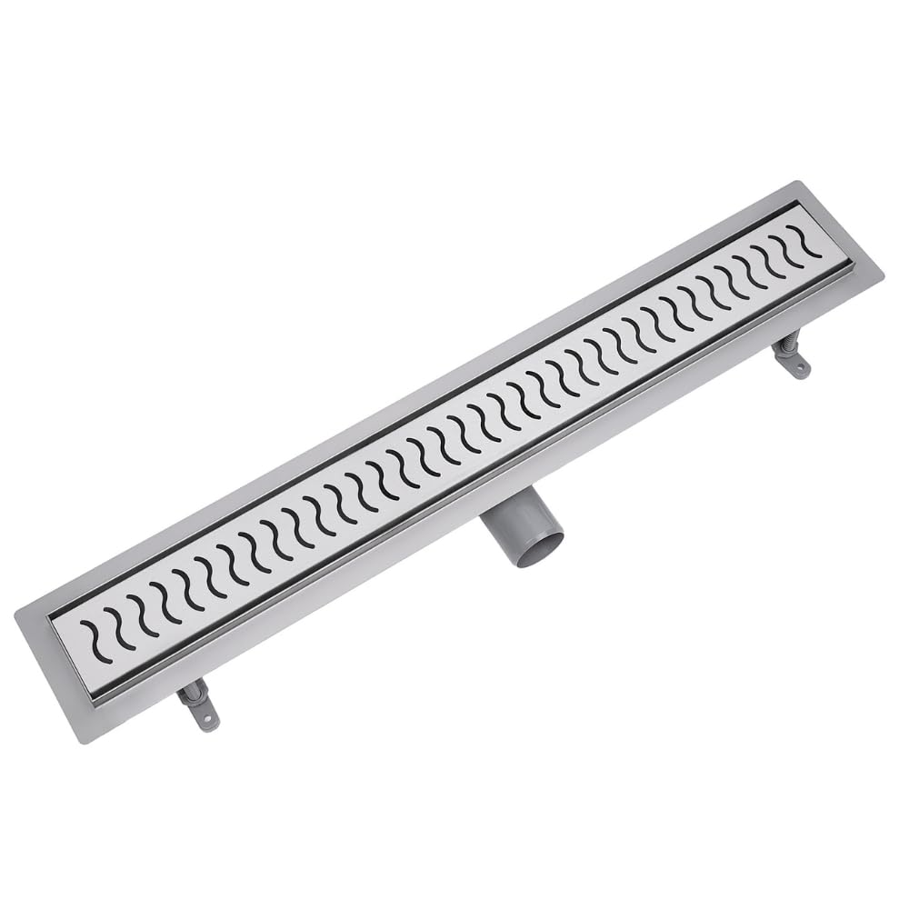 Canaleta de ducha de acero inoxidable, juego completo con rejilla ONDA, con sifón, pies de montaje, incluye manguito de sellado, doble cámara, desagüe de suelo, longitud 60 cm
