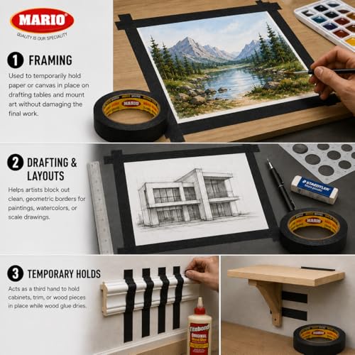 Image of Mario Black Masking Tape - 20 Meter Length, 12mm Width - High Grip Adhesive Tape for Painting, DIY, Furniture & Craft - Easy Tear, Clean Peel - Pack of 2 Rolls