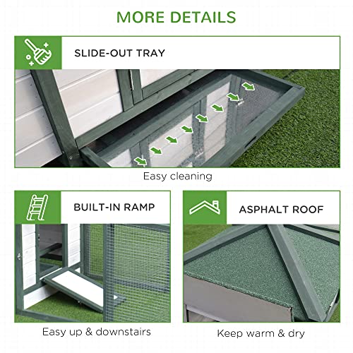 Image of PawHut 77 inch Wooden Chicken Coop with Nesting Box, Cute Outdoor Hen House with Removable Tray, Ramp Run, for Garden Backyard, Green