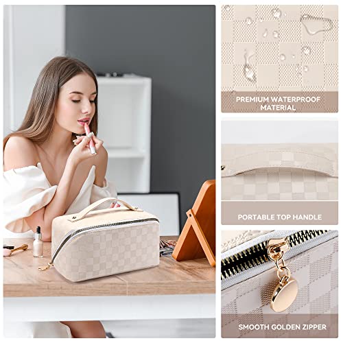 BAGCRAZY Large Capacity Travel Cosmetic Bag - Portable Makeup Bags for Women, 2 Pcs Waterproof PU Leather Checkered Makeup Bag, Lightweight Design and Waterproof Toiletries Bag for Cosmetic, White - Image 4
