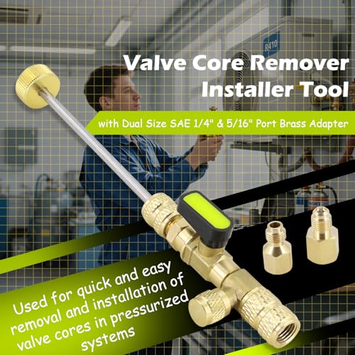 Image of Valve Core Remover Installer Tool with Dual Size SAE 1 /4 inch & 5 /16 inch Port Brass Adapter Compatible with R22 R12 R407 R410 R404 R32 R600 home refrigeration equipment