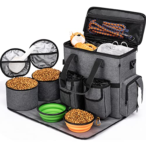Bolsa de viaje para perros aprobada por aerolíneas con 2 bolsas de entrenamiento para perros, organizador para suministros y accesorios de viaje para mascotas de fin de semana