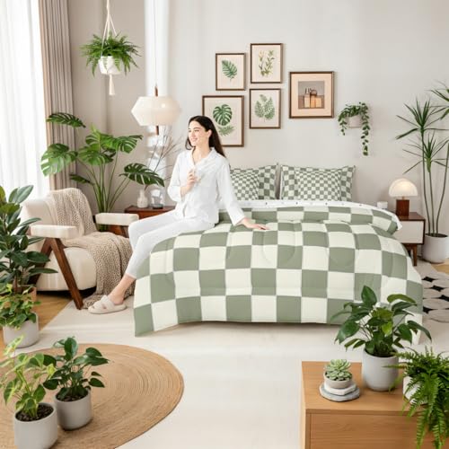 Image of Erosebridal Plaid Full Comforter Set 7 Piece Beige Sage Green Checkerboard Bed in A Bag with Sheets Geometric Checkered Bedding Set for Kids Boys Girls,Aesthetic Grid Bed Set