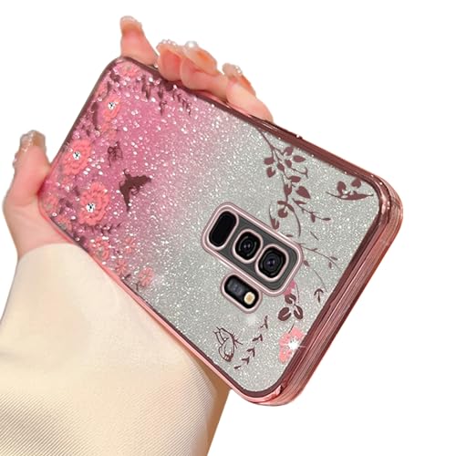 Image of Galaxy S9 Plus Case, Glitter Crystal TPU Stylish Butterfly Floral Heart Clear Protective Cover with Strap (Rose Gold)