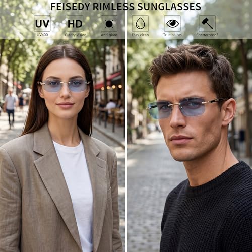 Image of FEISEDY Rimless Sunglasses Y2K Retro Small Narrow Clear Eyewear Vintage Rectangle Sunglasses for Women Men B2643