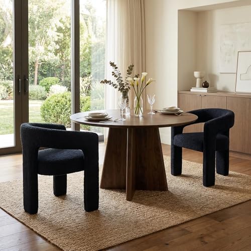 Image of HNY Modern Barrel Kitchen & Dining Room Chairs Set of 2, Sherpa Upholstered Accent Chairs with Arm, 18.5'' Wide Side Armchairs Vanity Chairs for Living Room Bedroom Makeup Small Spaces, Black