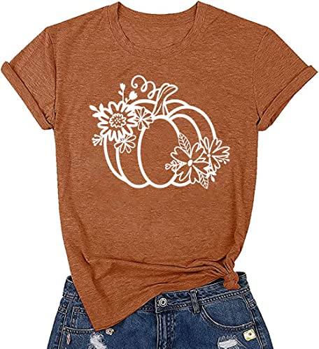 Fall T-Shirt for Women Family Halloween Thanksgiving Tops Cute Autumn Pumpkin Graphic Tees(53-Brown,L)