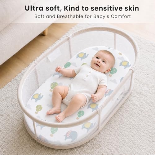 Image of 4 Pack Stretchy Bassinet Sheets 20 inch x 35 inch Compatible with Newton, Ezebaby, Angelbliss, AMKE(3 in 1) & Other Large Bedside Sleeper - Soft Breathable Fitted Bassinet Sheets for Baby - Blue & Grey Forest