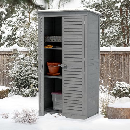 63In Outdoor Storage Cabinet with Lockers Weatherproof Roof,FirWood Garden Shed with Adjustable Shelves,Outside Vertical Tool Shed for Yard Patio Lawn Pool (Grey)
