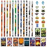 CYIOU 36 Stück Halloween Holzbleistifte Set Karikatur Bleistifte mit Radiergummi Notepad Bleistiftspitzer Kinder Geschenke für Mitgebsel Halloween Karneval Party Dekoration