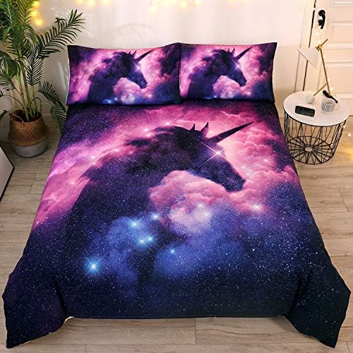 DEERHOME Galaxy Unicorn Kids Bedding Duvet Cover Sets Psychedelic Space Pink Purple Unicorn Duvet Cover Gifts for Teens Girls and Boys,Full Size