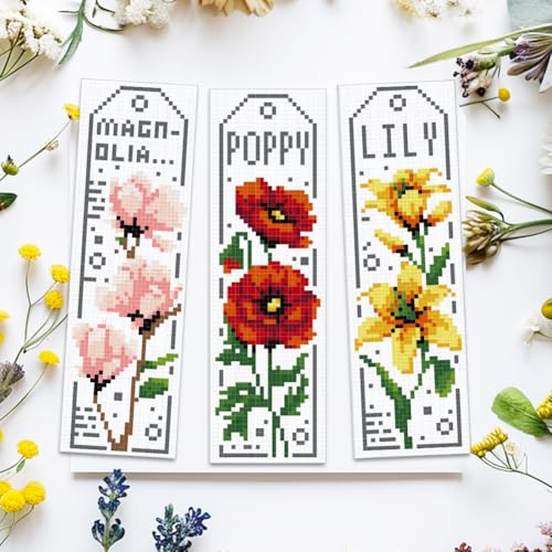 Image of ACRNIGHEET 6PCS Cross Stitch Bookmark Kits for Beginner Flower Crossstitch Kits Adult Rose Daisy Lily Stamped Embroidery Bookmarks with Accessories for Adults Craft Gift 11CT