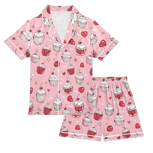 Pink Cherry Cupcake Prints Pattern Summer Satin Pajama Set, Cute Button-Down Sleepwear Pj Set for Sleep Wears