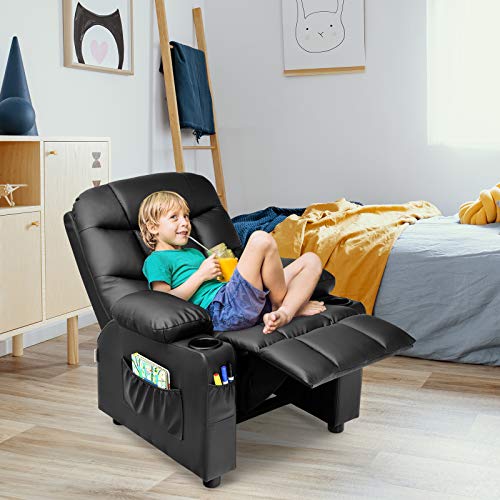 Image of Kids Recliner, PU Leather Kids Recliner Chair w / 2 Cup Holders