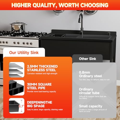 Image of Stainless Steel Utility Sink,47.6 inch x 24.1 inch x 36.6 inch,2 Compartment Sink Freestanding Commercial Sink,with Cold and Hot Water Faucet,Hoses and Drain Kit,Freestanding Sink for Kitchens, Bathrooms, Garage