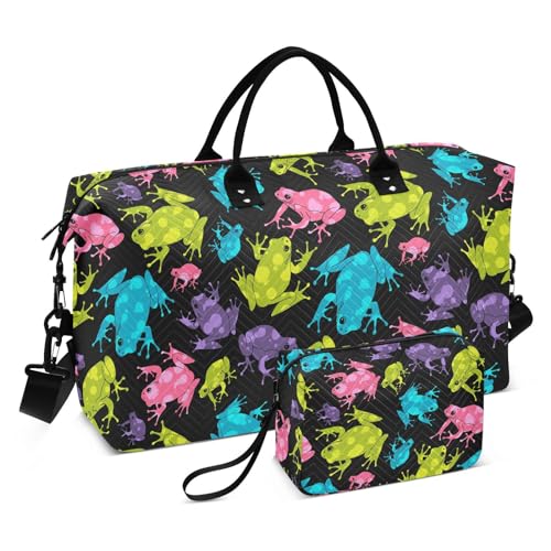 VIGTRO Travel Duffel Bag Weekender Overnight Bag with Toiletry Bag Colorful Cute Frog Pattern Printed, Carry On Luggage Bag for Hospital Gym Travel Business, 2 Pcs Set