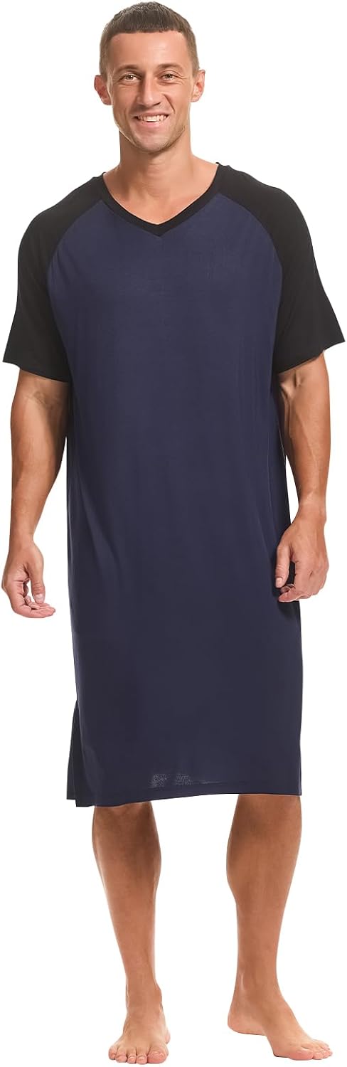 HEAVYWOOD Mens Nightshirt Pajamas V Neck Short Sleeve Nightgown Sleepwear Big&Tall Sleep Shirts