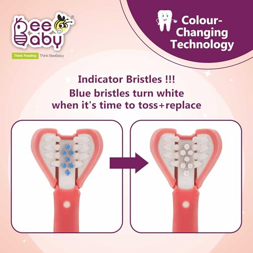 Image of BeeBaby Triple Angle Brush Buddy Toothbrush for Kids 3-6 Years. Suction Cup, 3 Side Super Soft Time to Change Indicator Bristles Ideal for Milk & Permanent Teeth. 100% BPA Free. Pink