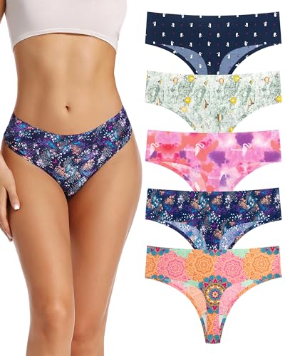 Image of voenxe Seamless Women Underwear Thongs,High Waisted Cut No Show Ladies Panties,Breathable Comfortable Briefs Undies,5-Pack, X-Large, Pattern