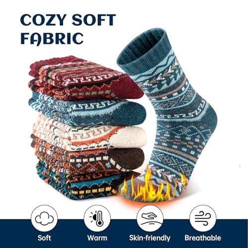 COOPLUS Wool Socks Mens Thick Winter Warm Hiking Pattern Thermal Crew Socks for Cold Weather 5 Pairs3