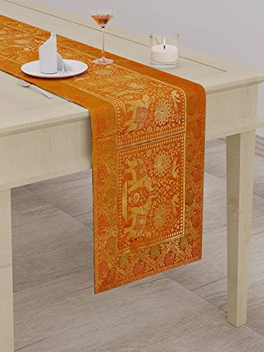 Image of E-Ezra Silk Banarsi Brocade Traditional Table Runner for Dining Table 4 & 6 Seater Table Cloth Rectangle Coffee Table Cloth / 152 cm (Mustard Yellow)
