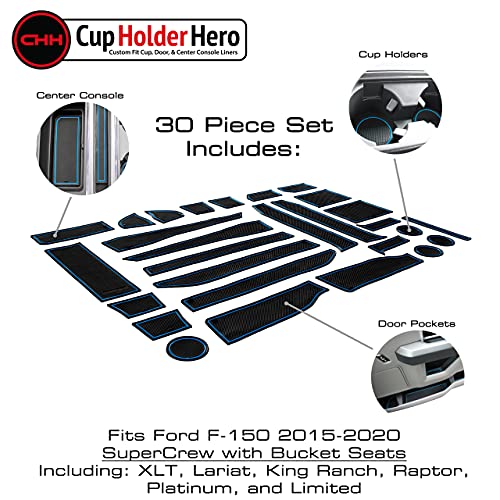 Cupholderhero Fits Ford F150 Accessories 2015-2020 Premium Interior Non-Slip Anti Dust Cup Holder Inserts, Center Console Liner Mats, Door Pocket Liners 30-Pc Set (Bucket Supercrew) (Blue Trim) #TOP2