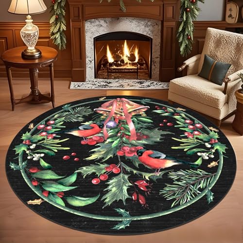 nesrt Round Area Rugs 5ft Non Slip, Washable Soft Circle Rug for Living Room, Modern Bird Garland Nursery Bedroom Floor Carpets, Holiday Decor for Kids Playroom Dining Room (Black)