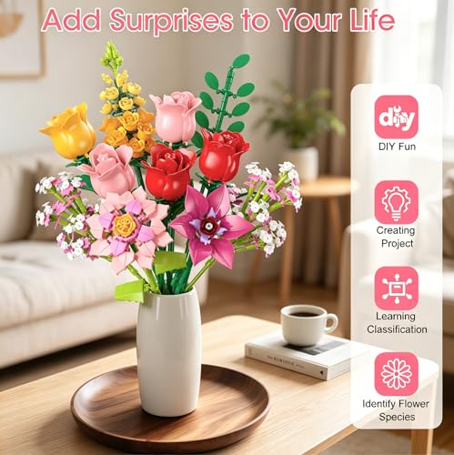 Ramo de flores de construcción de 765 piezas con rosas artificiales decorativas 4