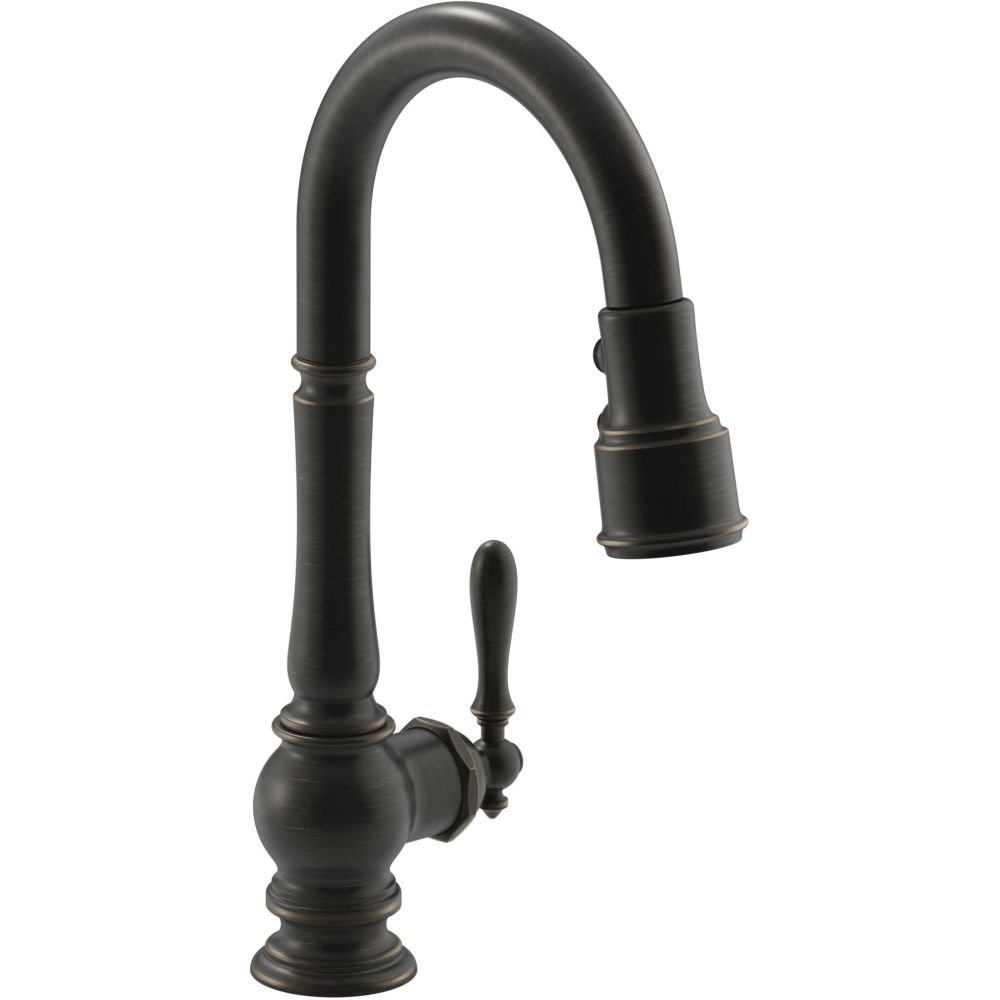 KohlerArtifacts Single-Hole Kitchen Sink Faucet with 16" Pull-Down spout and Turned Lever Handle, DockNetik® Secure Docking System, and 3-Function sprayhead Featuring Sweep® and BerrySoft® Spray
