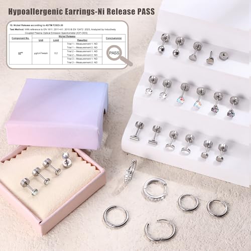 Hypoallergenic Surgical Steel Earrings for Sensitive Ears -𝗦𝗺𝗮𝗹𝗹 Flat Back Stud Earrings for Women Men - Cubic Zirconia Opal Stud Hoop - 20G Flatback Cartilage Earring Sets for Multiple Piercing 13Pairs4