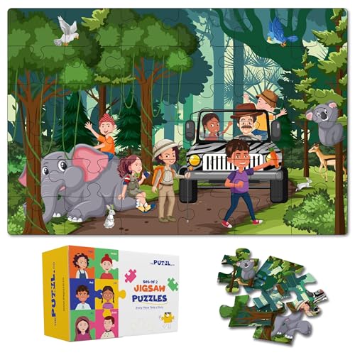 Image of Set of 2 Vacation Theme Jigsaw Puzzles for Kids 5+ Years - 48 Piece Forest & Mountain Puzzle for Kids Age 4-6, Fun Educational Puzzle Game