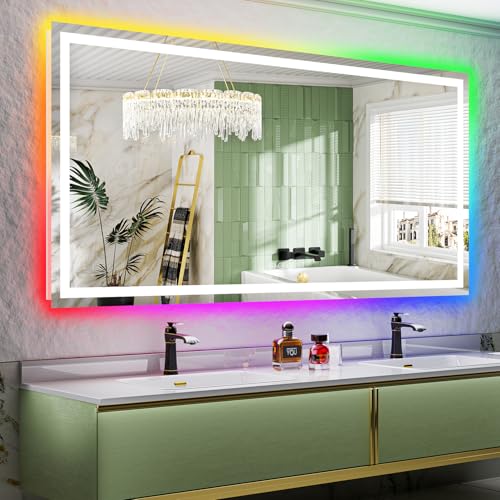 Image of 80x40 Inch RGB LED Bathroom Mirror Front Light and RGB Backlit Lighted Vanity Mirror for Bathroom Wall Mounted Dimmable Anti Fog Memory Shatter-Proof IP54 Waterproof Horizontal /Vertical