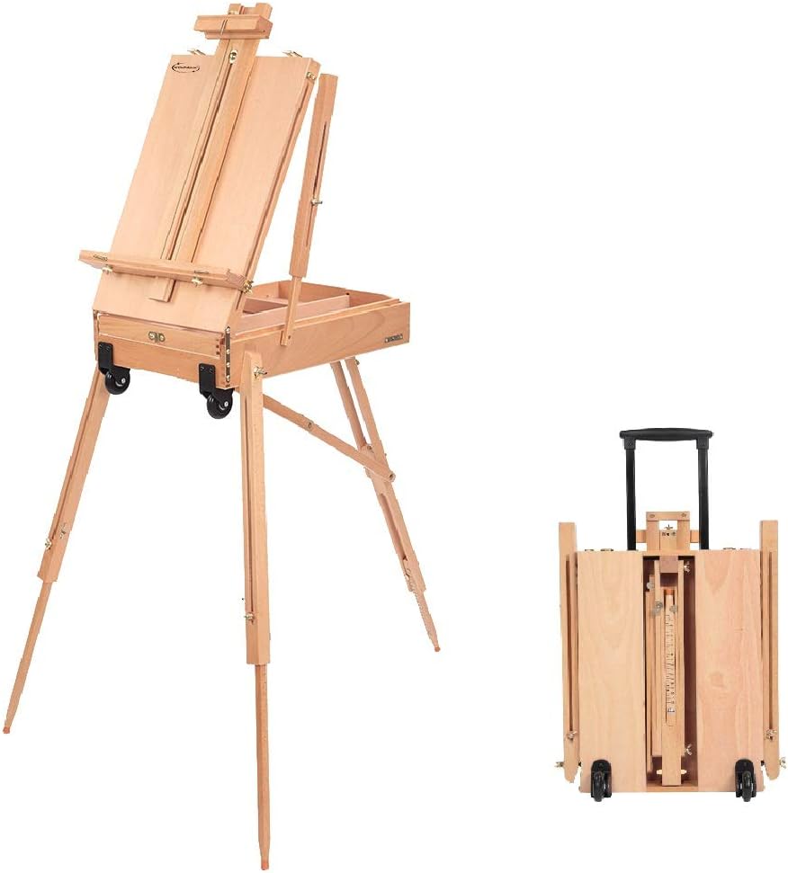 ShowMaven French Easel with Wheels, Portable Rolling Sketch Box Red Beech Oil Painting Wood Easel with Palette