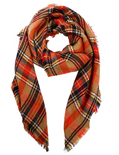 Bess Bridal Women's Plaid Blanket Winter Scarf Warm Cozy Tartan Wrap Oversized Shawl Cape (One Size, Orange) - Thumbnail 3