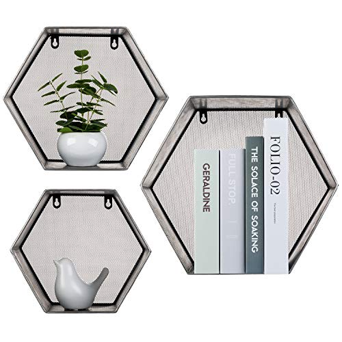 Mygift Wall Mounted Geometric Hexagon Hanging Shelf Design Rustic Galvanized Silver Metal Floating Shelves With Mesh Backing, Set Of 3 #TOP5