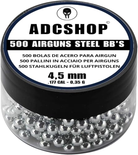 Sfere d’Acciaio 4,5 mm (.177 Cal) per Pistole ad Aria Compressa e CO2 | Barattolo da 500 BBS ad Alta Densità 0,35g | Compatibili Solo con Armi per Sfere d’Acciaio | Trasporto Facile e Sicuro