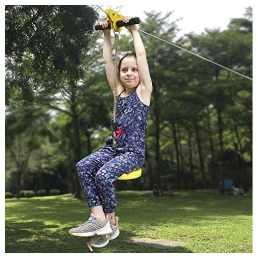 CTSC 95 Foot Zip Line Kit for Kids and Adult with 5.3 Foot Stainless Steel Spring Brake and Seat, Zipline for Backyard Entertainment Equipment, Ziplines for Backyards(Yellow)