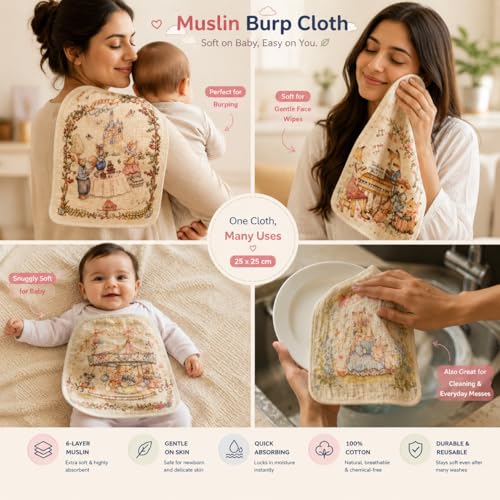 Image of Muslin 6 Layer 100% Organic Bamboo Cotton Face Towels for Newborn Baby Extra Soft Hankies Reusable Napkins for Infants Toddlers /Kids (Pack of 4 Printed Napkin 25x25 CM)