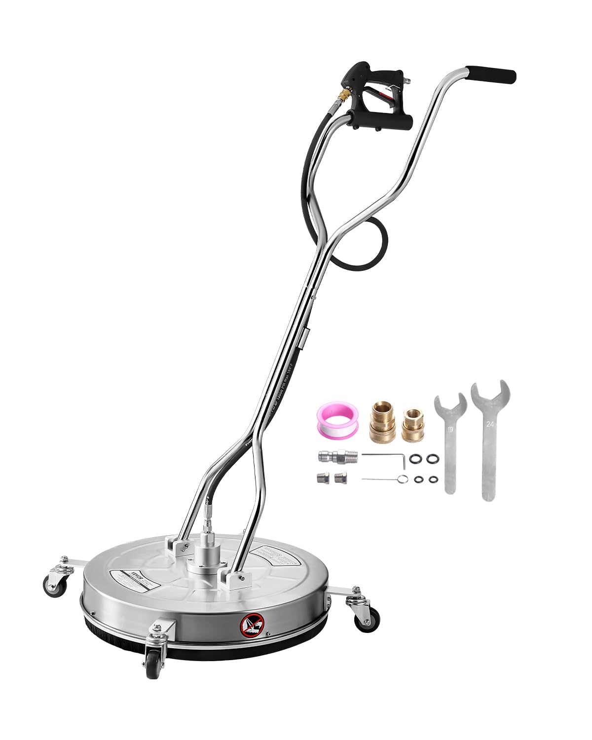 VEVOR Limpiador de Superficies con Hidrolavadora, Acero Inoxidable, 4 Ruedas, Forma Redondo, 27,​58 Mpa máx., 2 Boquillas Rociadoras, Mango Doble, para Concreto, Patio, Acera, 612 x 612 x 1500 mm