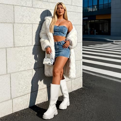 DREAM PAIRS Knee High Boots, Comfortable Chunky Platform Round-Toe Side Zip Boots for Women,Size 8,White,SDKB2301W