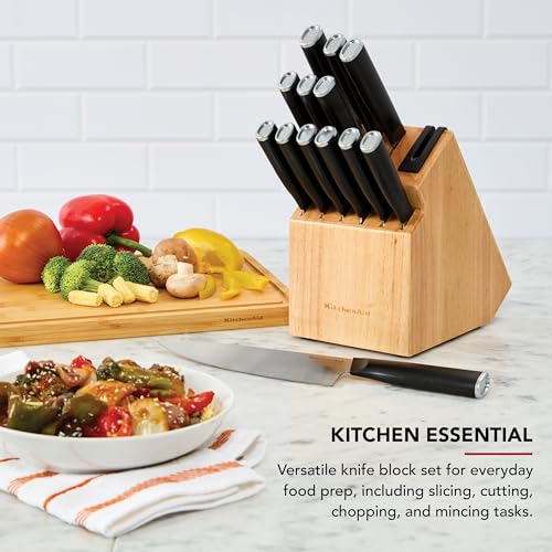 KitchenAid Classic Step Knife Block Set with Built-In Knife Sharpener, Stainless Steel Kitchen Knives, Sharp Kitchen Knife Set with Block, 14-Piece, Natural - image 2