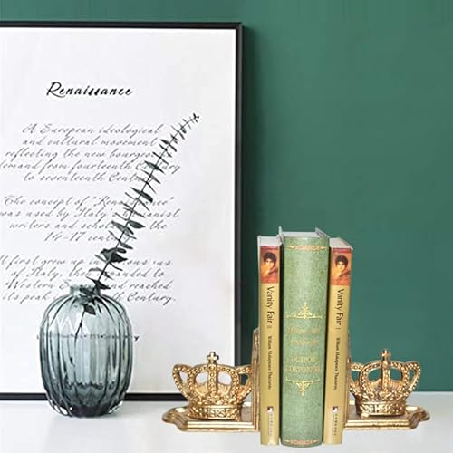 Juconsin Crown Decorative Bookends, Gold Book Ends Heavy Duty Cast Iron Book Supports, Unique Cute Bookends Decor For Office Home Desk Bookrack Shelves, 1Pair/2Piece #TOP4